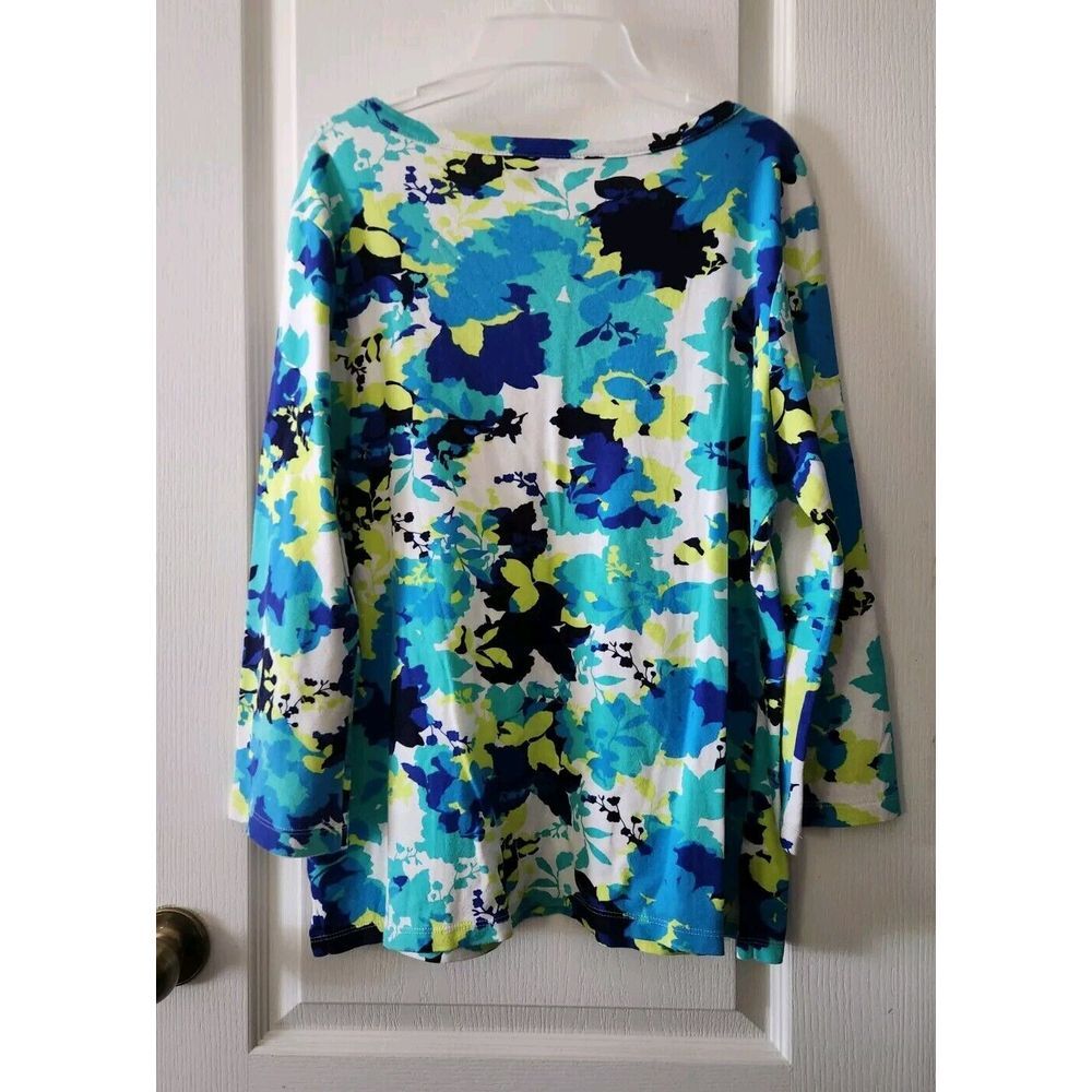 Anne klein‎ Women's Floral Top Round Neck Long Sleeve Cotton Blue Green Size XL - Picture 5 of 8